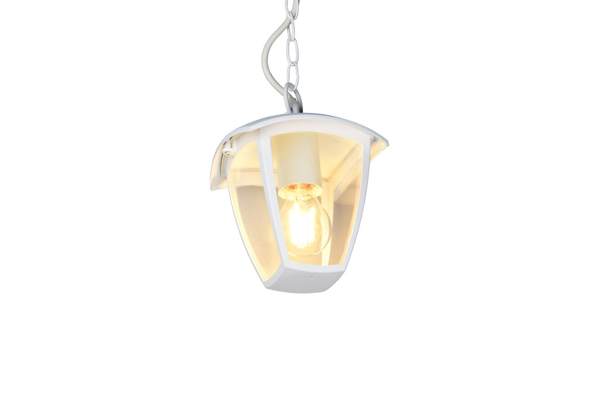 Gros plan sur l'ampoule allumée à l'intérieur du luminaire blanc