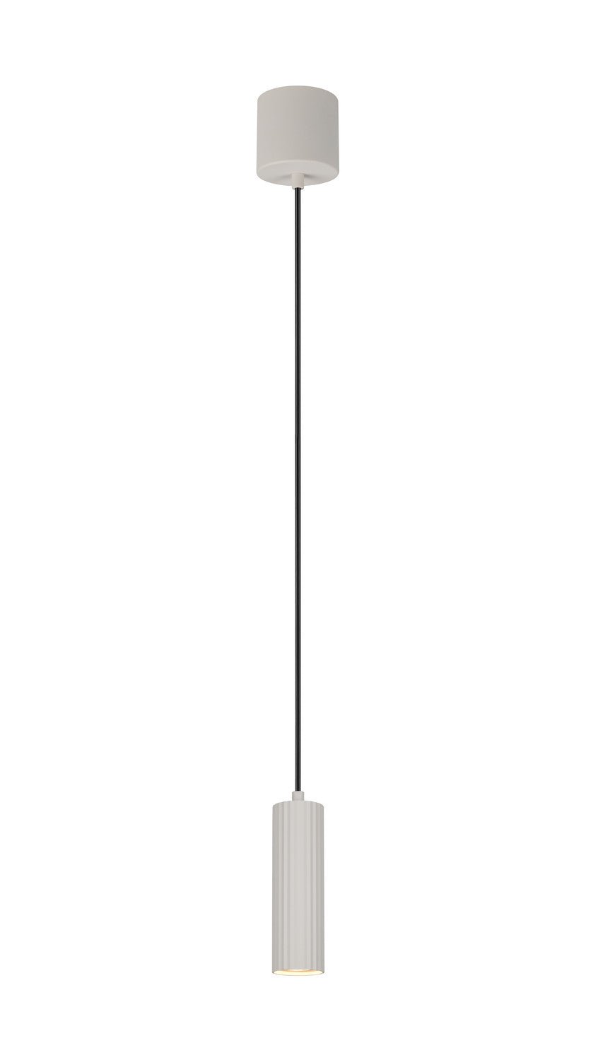 Vue centrée du luminaire suspendu avec son diffuseur cylindrique blanc nervuré