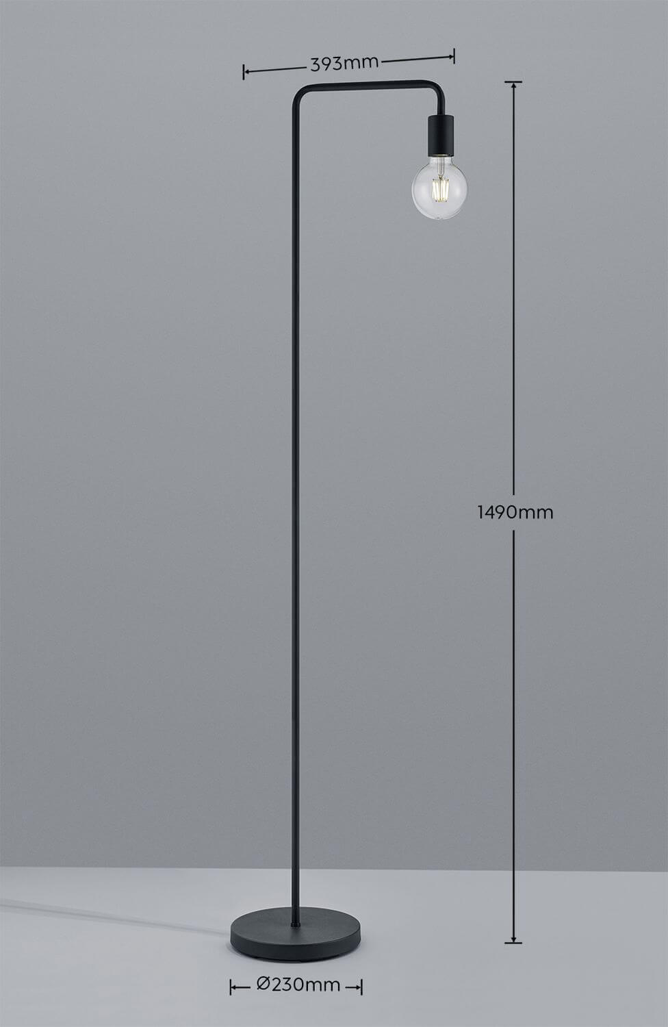 Schéma coté du lampadaire noir mat, hauteur 1490 mm et base Ø230 mm