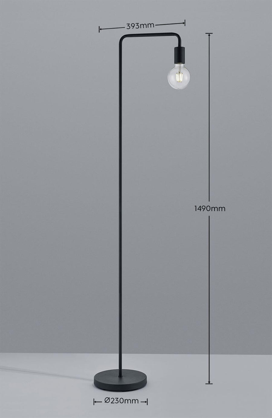 Schéma coté du lampadaire noir mat, hauteur 1490 mm et base Ø230 mm
