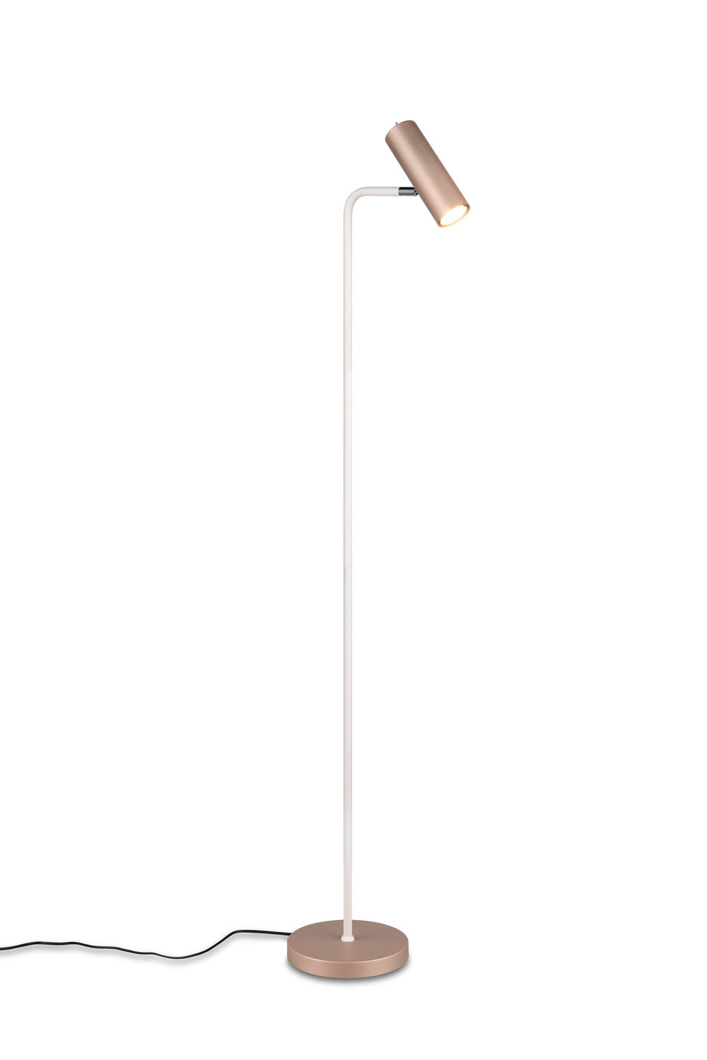 Lampadaire blanc à tête cylindrique dorée, vue de face sur fond blanc