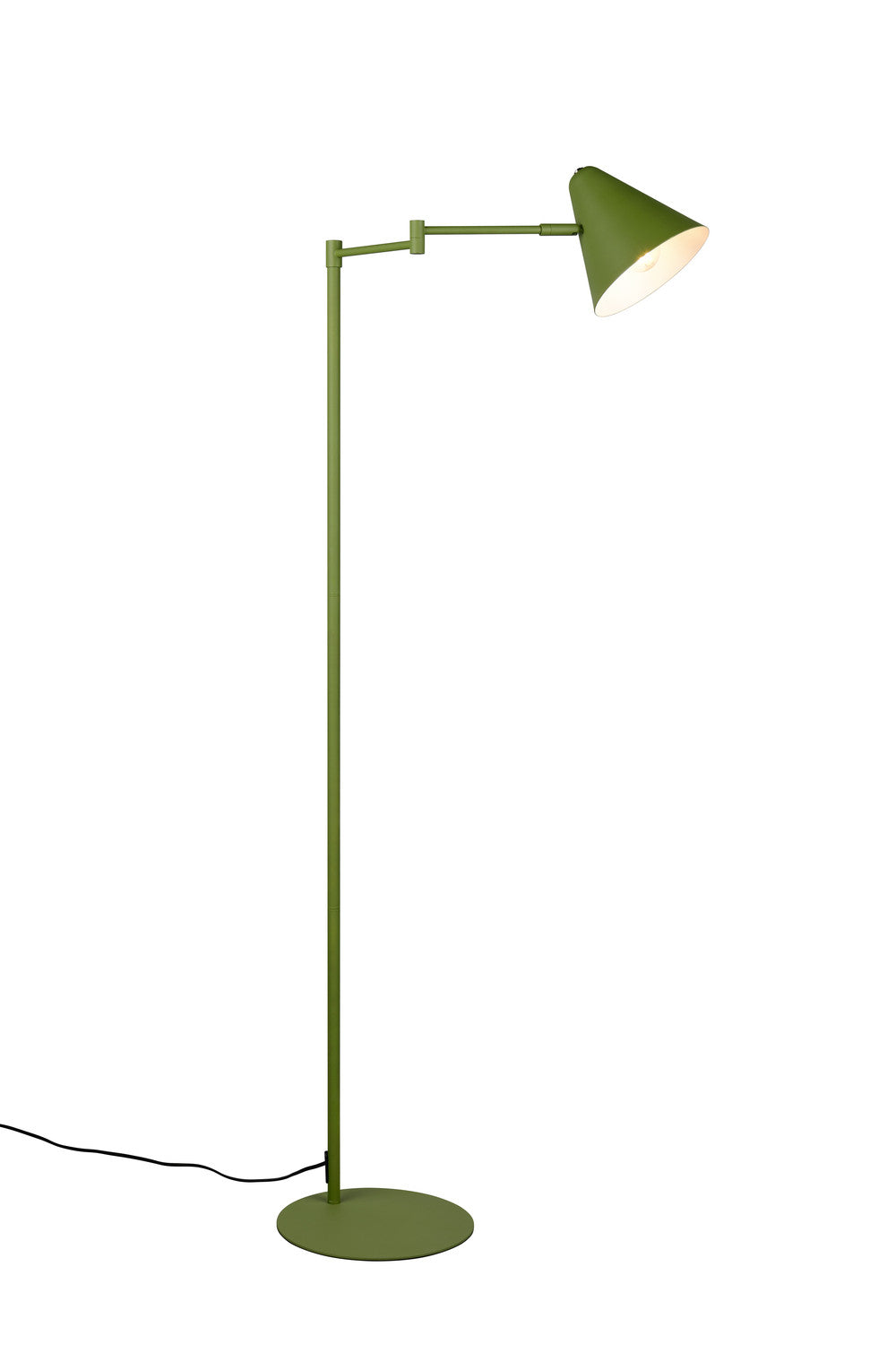 Vue latérale du lampadaire vert, abat-jour conique orientable, tige fine et câble visible.