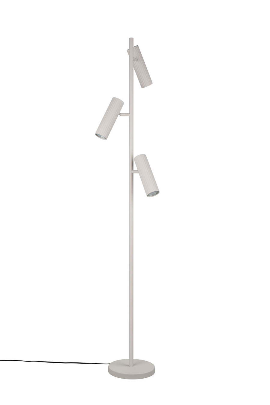Autre angle du lampadaire blanc, projecteurs cylindriques orientables et câble apparent.