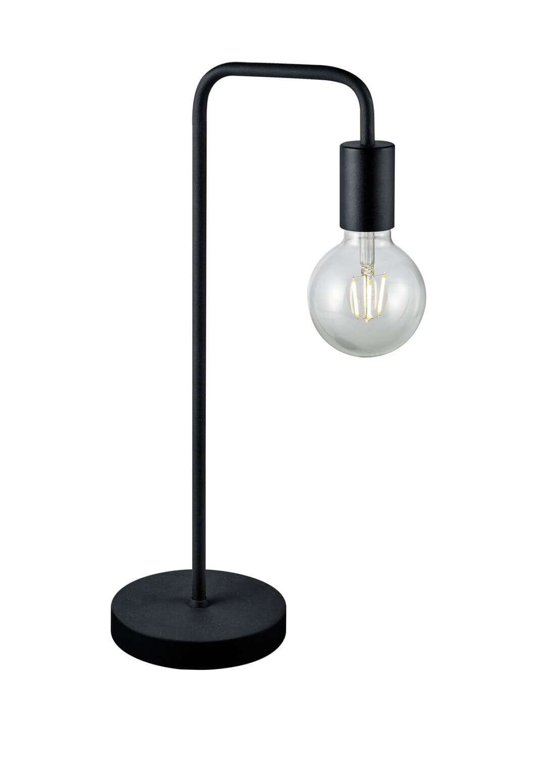 Vue légèrement inclinée du luminaire, tige fine et douille cylindrique noire