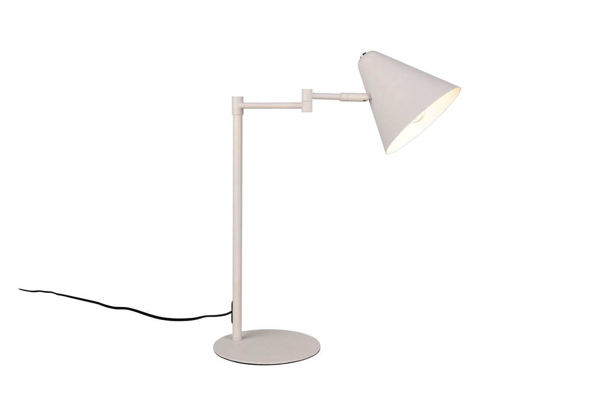 Lampe à poser blanche de profil sur fond blanc, bras articulé et abat-jour conique
