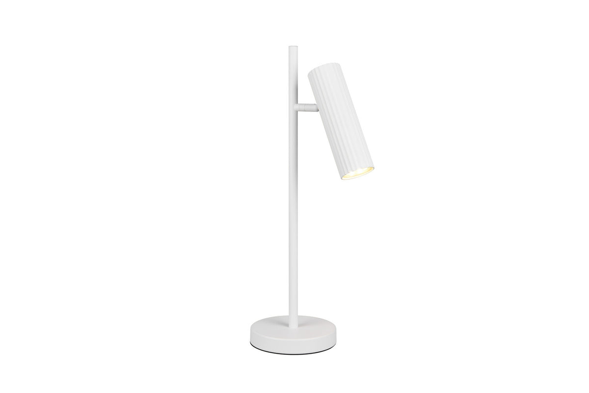 Présentation du luminaire blanc, tige verticale, abat-jour incliné et base circulaire.
