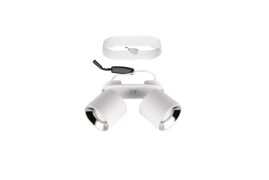 Vue éclatée du plafonnier blanc montrant la platine de fixation et le câblage.