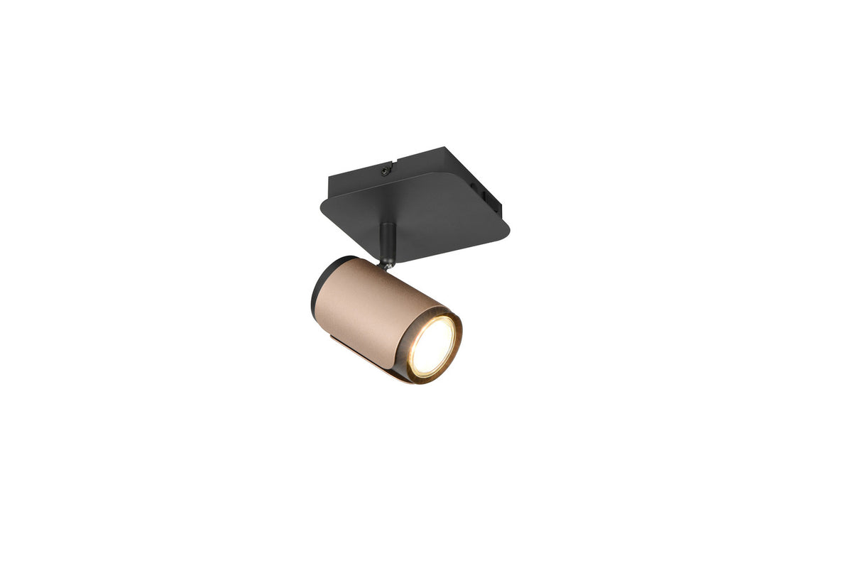 Spot plafonnier simple, platine carrée noire et projecteur cylindrique champagne orientable, fond blanc