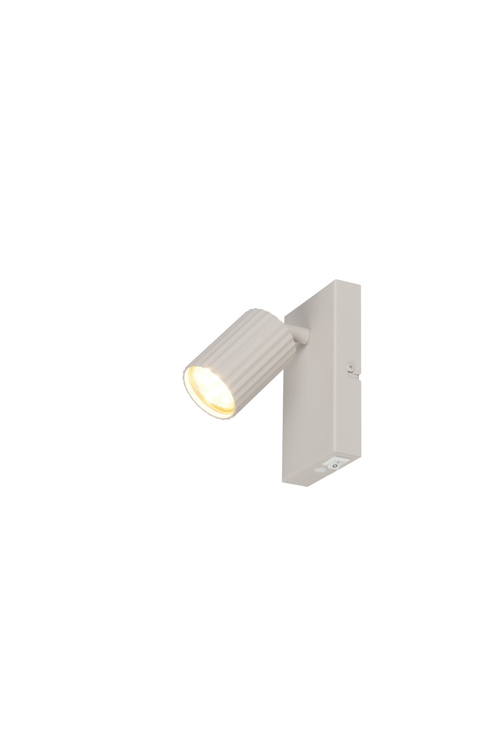 Vue rapprochée du spot blanc montrant la tête cylindrique cannelée et orientable.