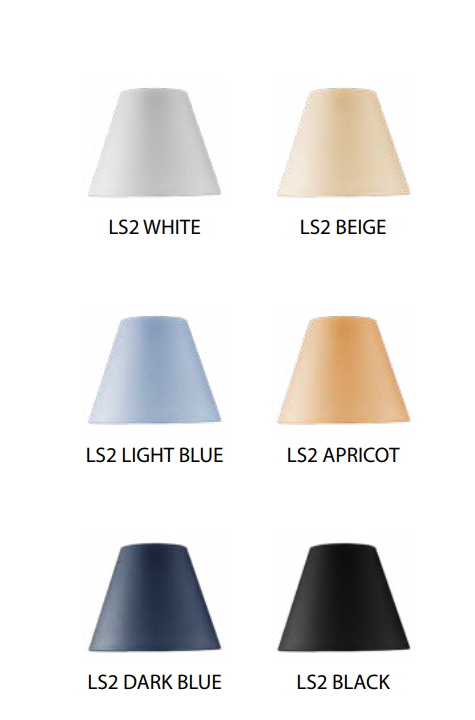 Nuancier de six abat-jour coniques en blanc, beige, bleu clair, abricot, bleu foncé et noir.