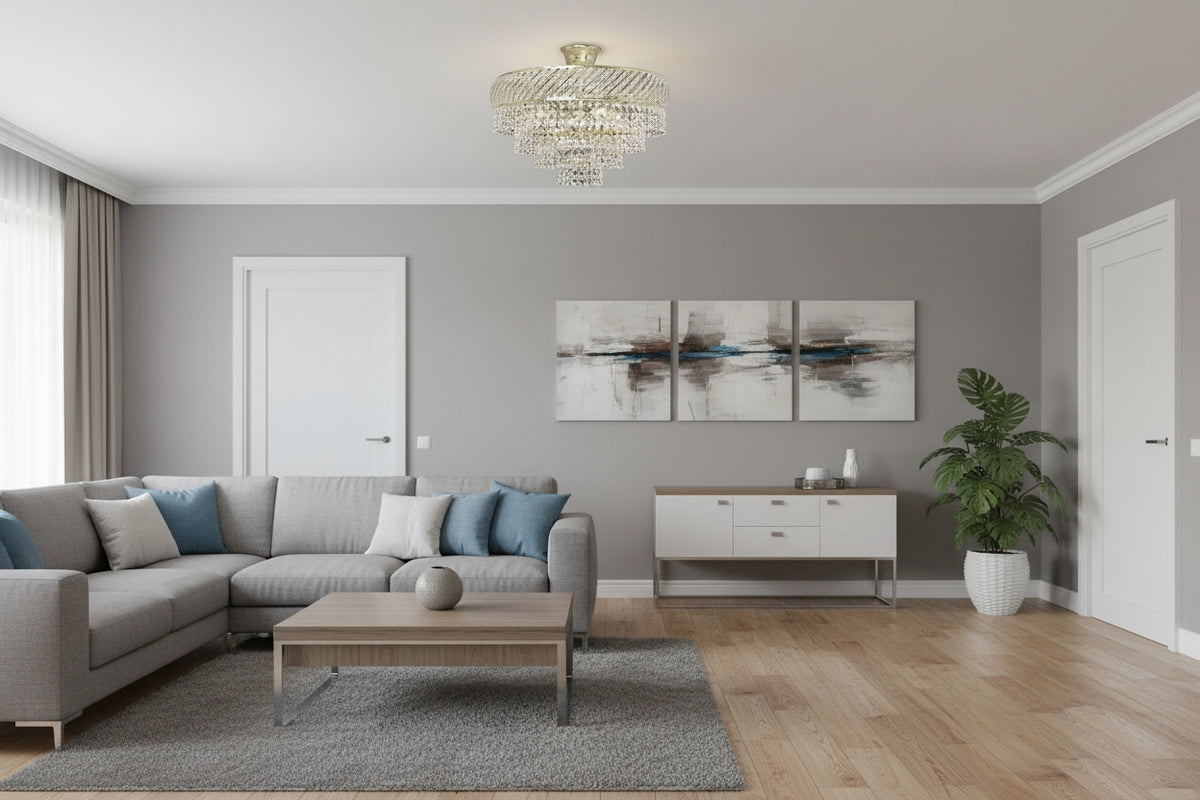 Luminaire allumé au plafond d'un salon gris contemporain
