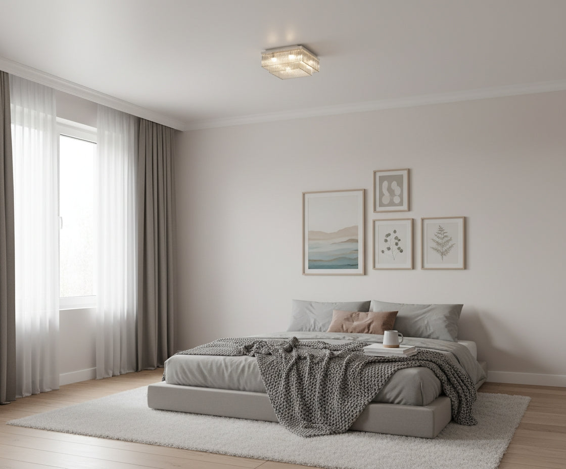 Chambre épurée, plafonnier carré diffusant une lumière chaude sur le lit