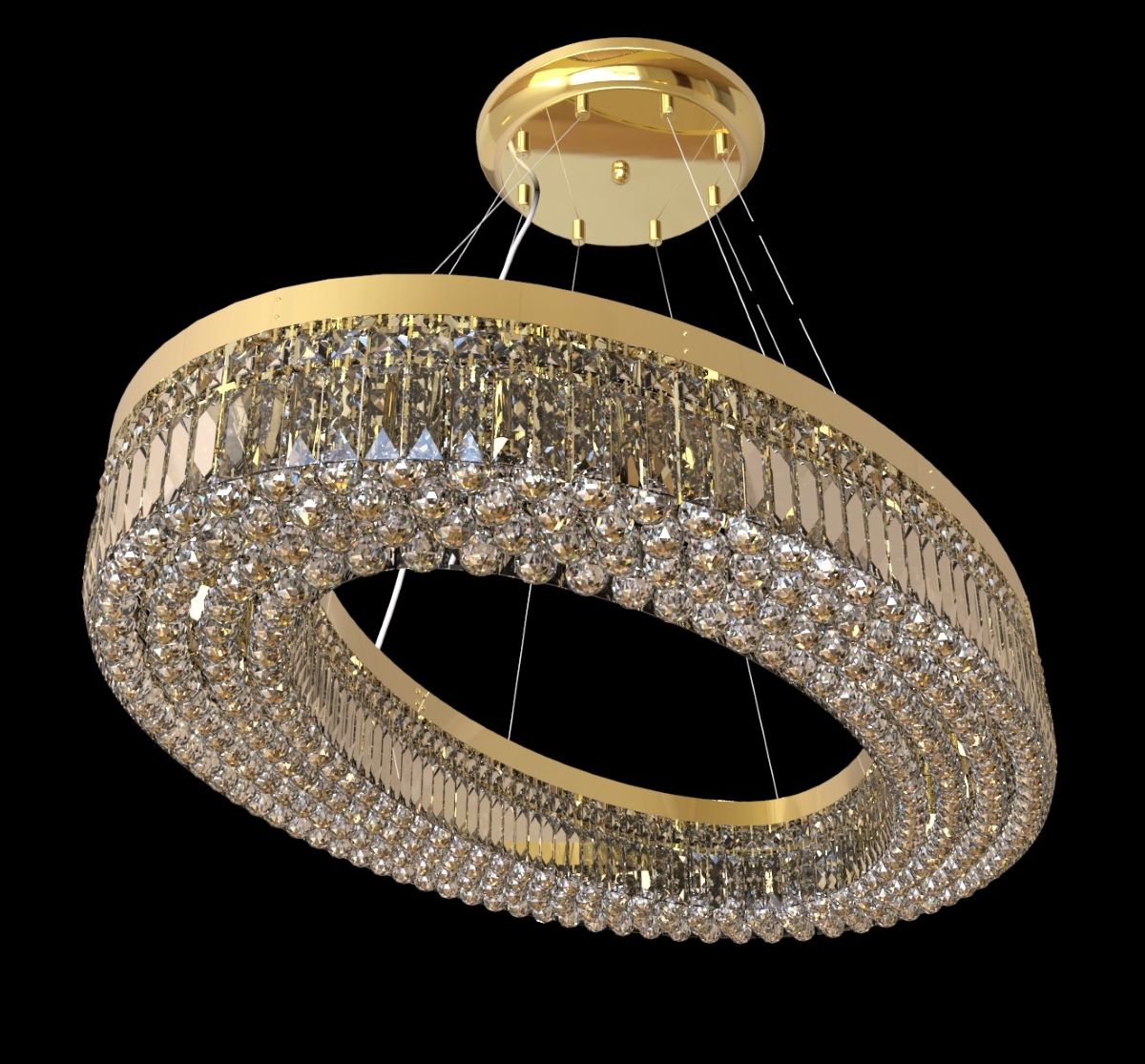 Vue de face du luminaire doré et de son anneau de cristaux taillés.