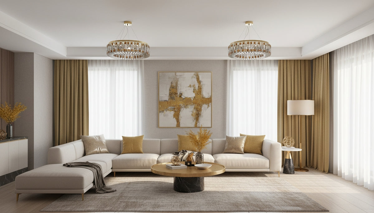 Mise en ambiance : deux luminaires à cristaux dans un salon beige et doré