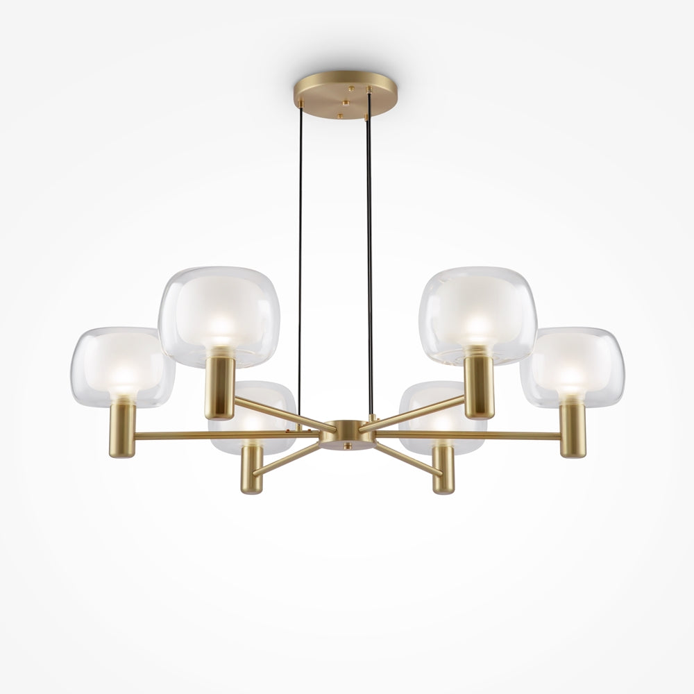 Produit de face sur fond blanc, suspension dorée avec six abat-jours en verre