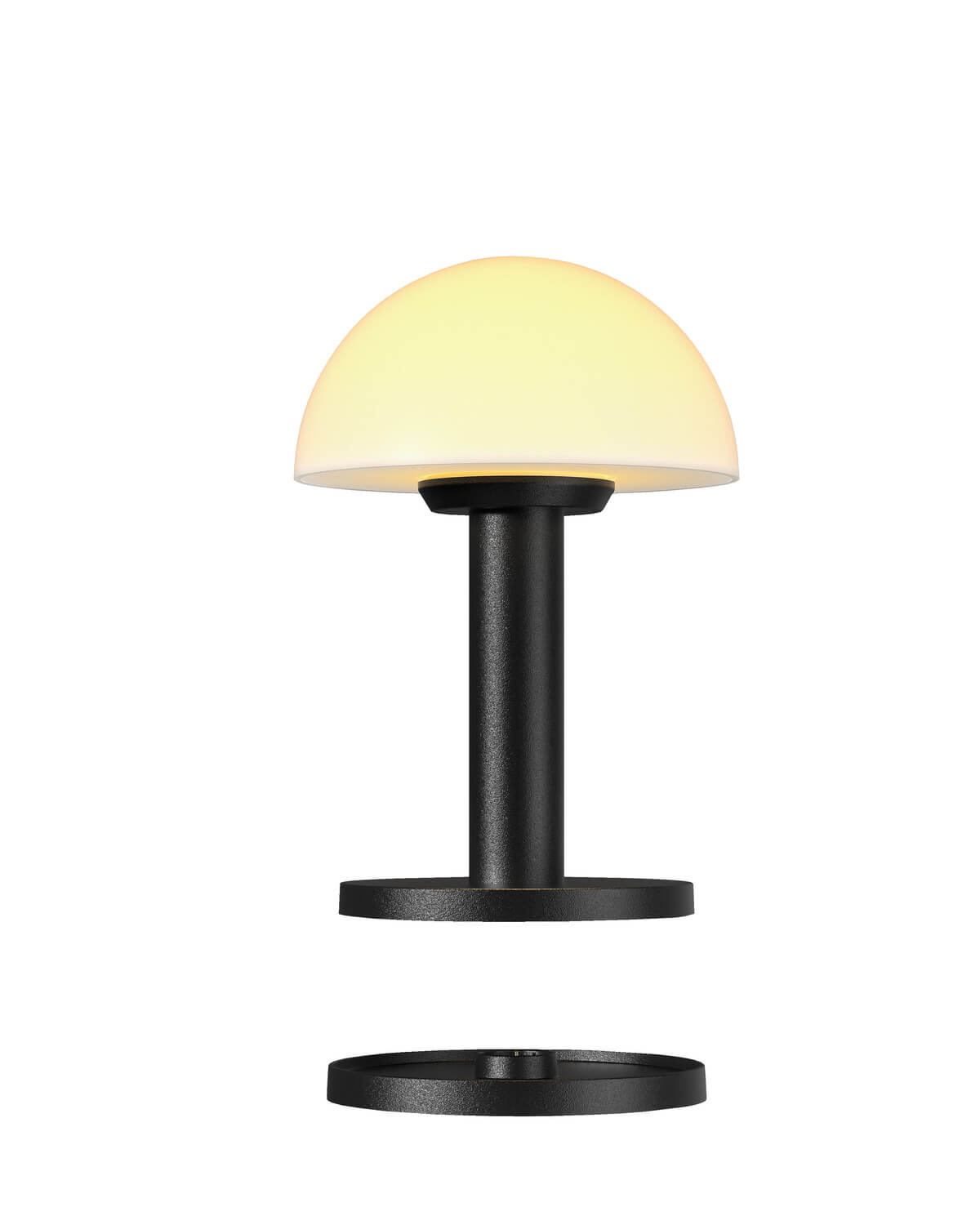 Vue éclatée du luminaire : socle rond noir, pied cylindrique et abat-jour opalin démonté