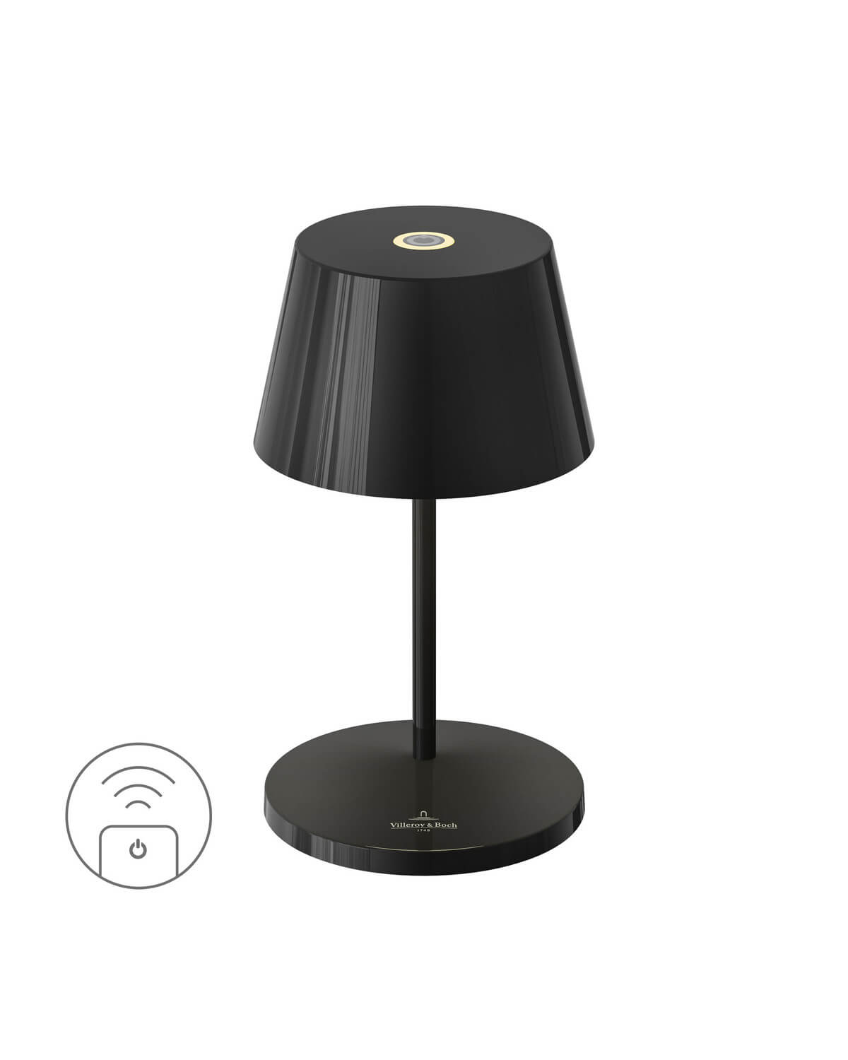 Lampe extérieure noire sans fil de face, abat-jour conique et socle rond