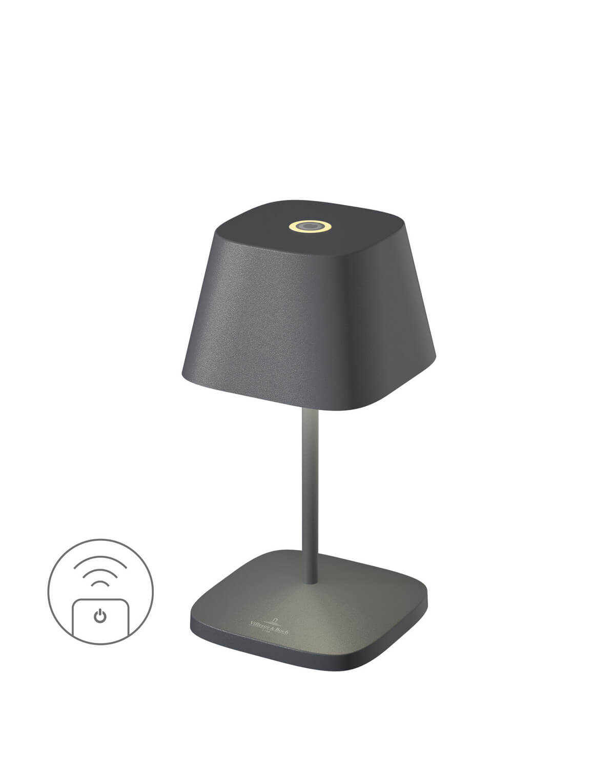 Lampe extérieure anthracite sur fond blanc, abat-jour carré et icône de télécommande