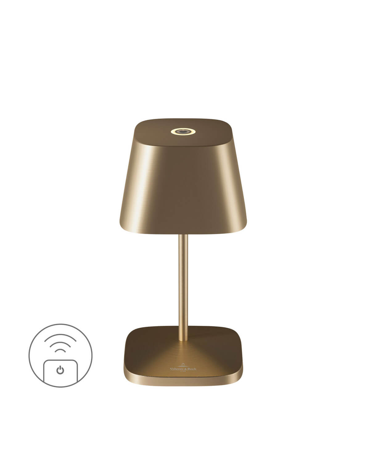 Lampe dorée de face avec bouton tactile sur le dessus et icône de recharge sans fil.