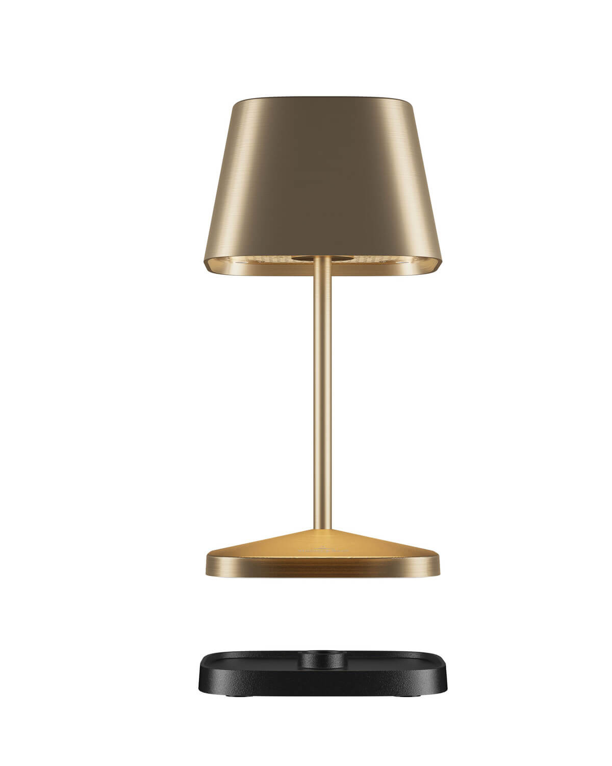 Lampe dorée sur base conique, avec un socle noir séparé en dessous.