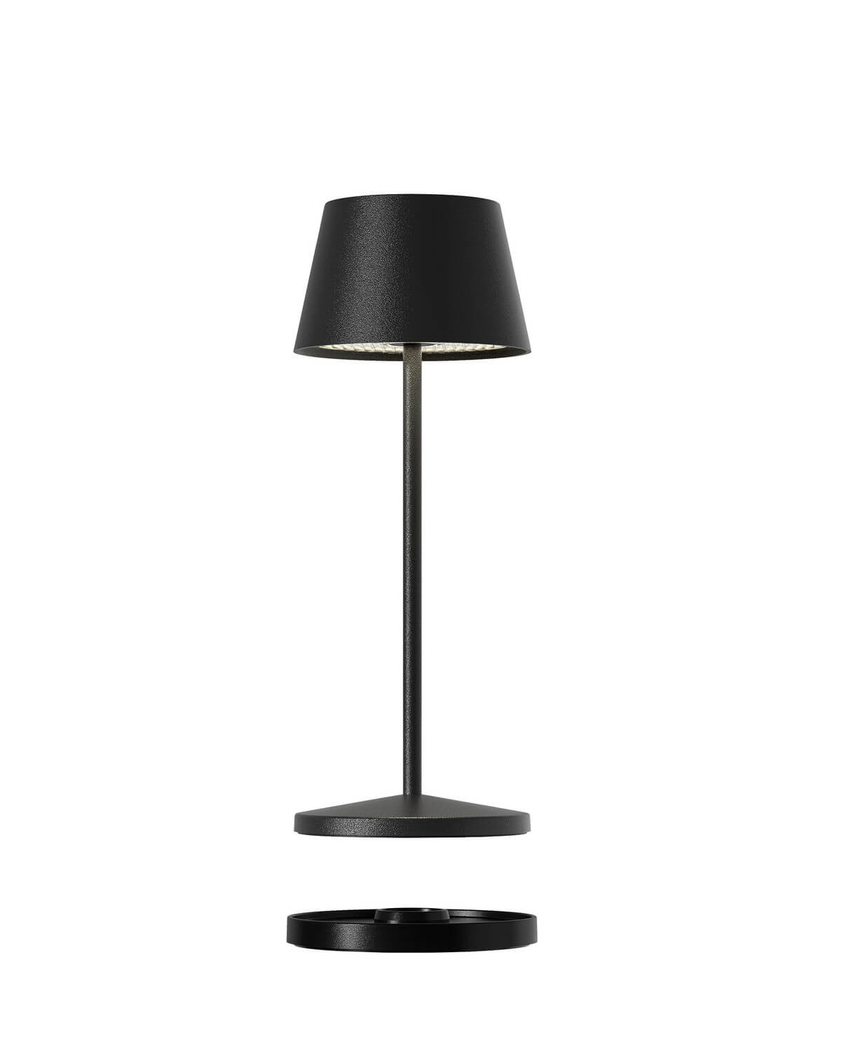 Vue éclatée avec la lampe et sa base de recharge séparée, fond blanc