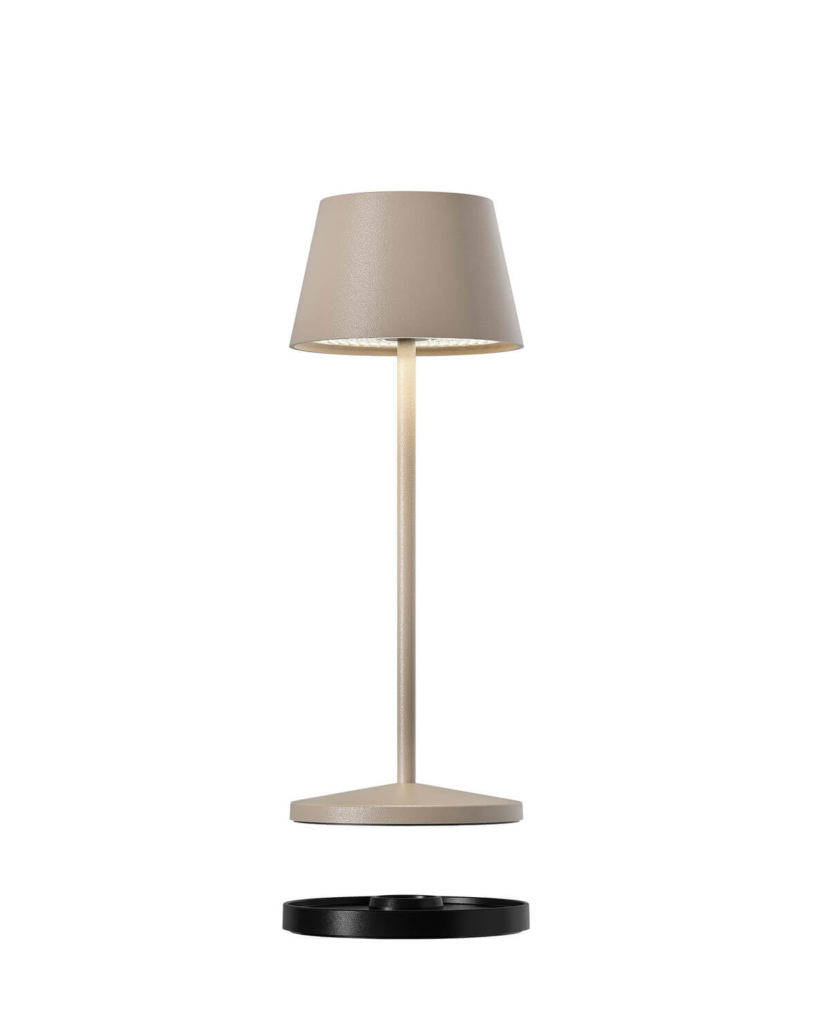 Vue éclatée de la lampe beige, socle rond et base de recharge noire.