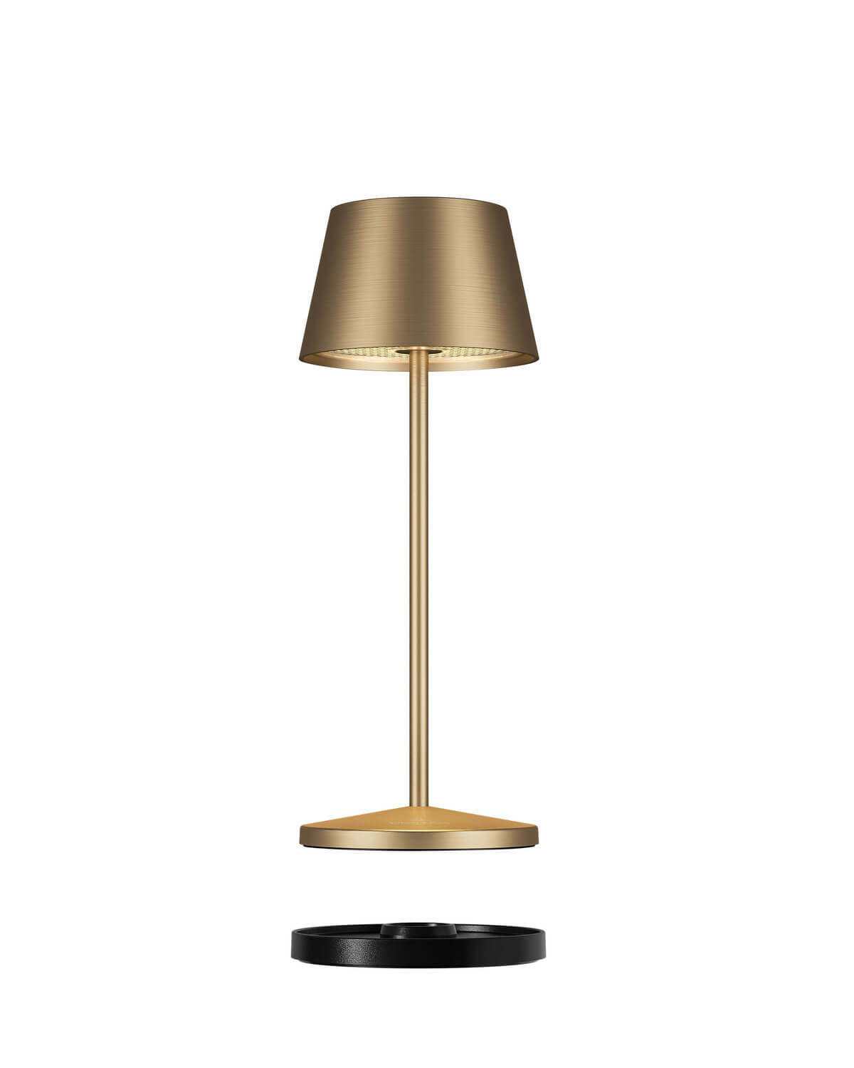 Vue éclatée de la lampe dorée avec base de recharge noire détachée sous le socle.