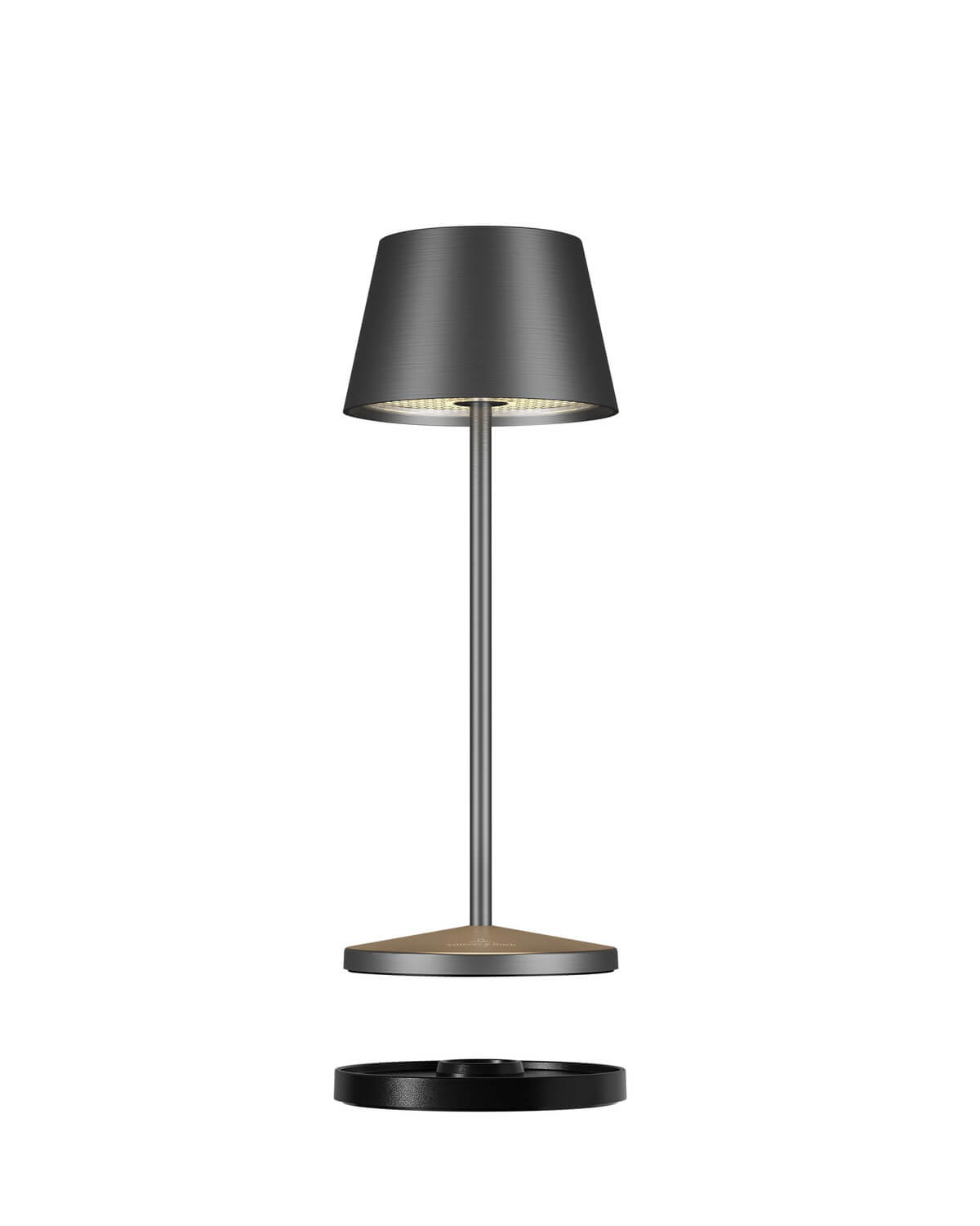 Vue de la lampe avec abat-jour, tige et base détachée en dessous