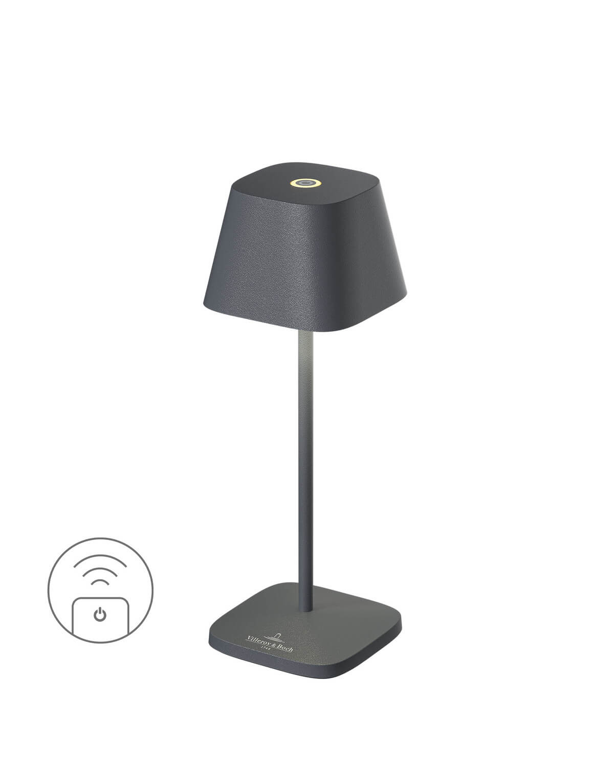 Lampe d'extérieur anthracite de face, socle et icône de télécommande sans fil.