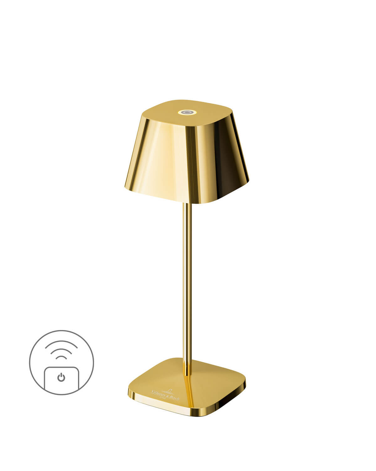 Lampe dorée de face sur fond blanc avec icône de commande sans fil