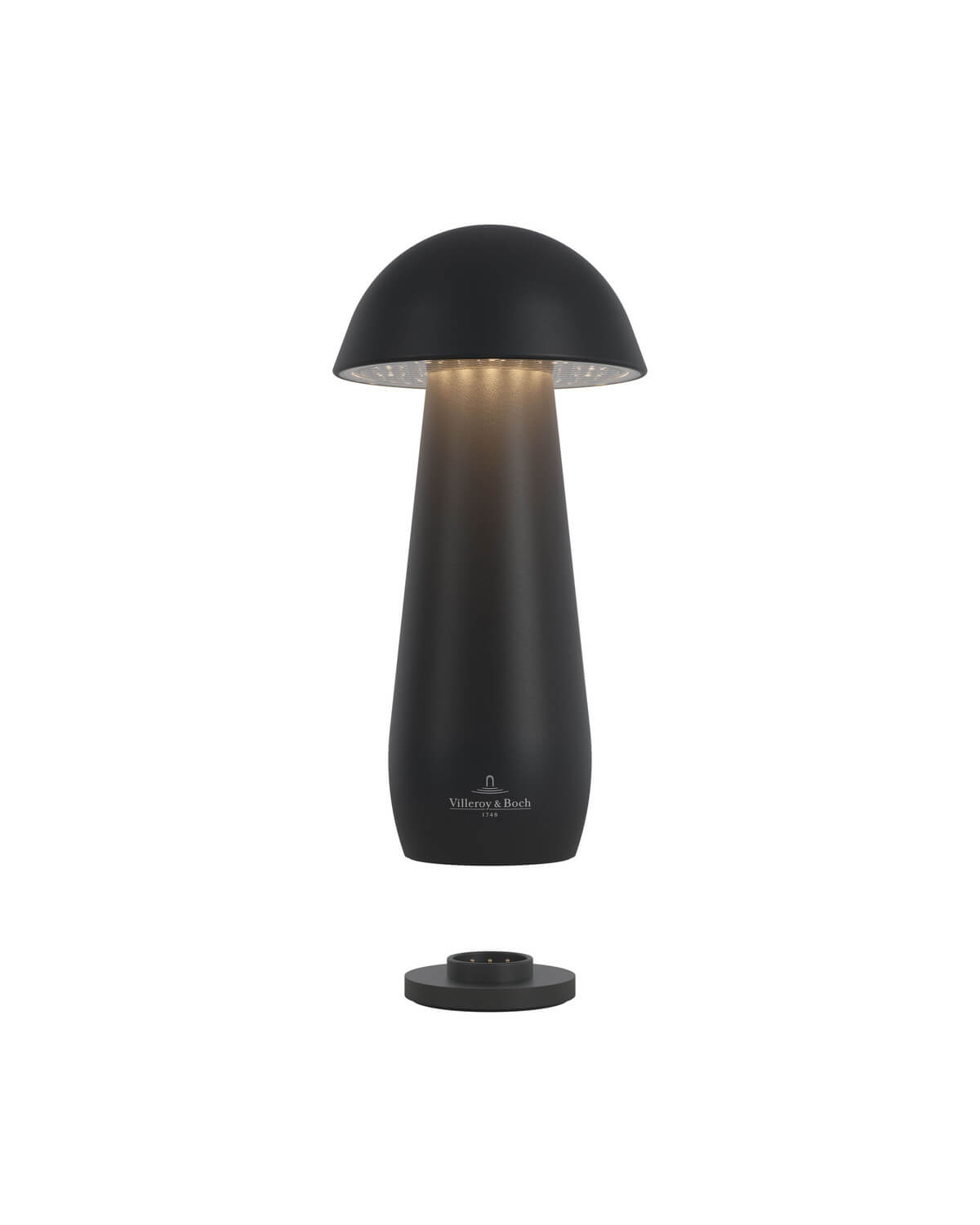 Lampe noire soulevée au-dessus de sa base, éclairage LED visible sous l'abat-jour.