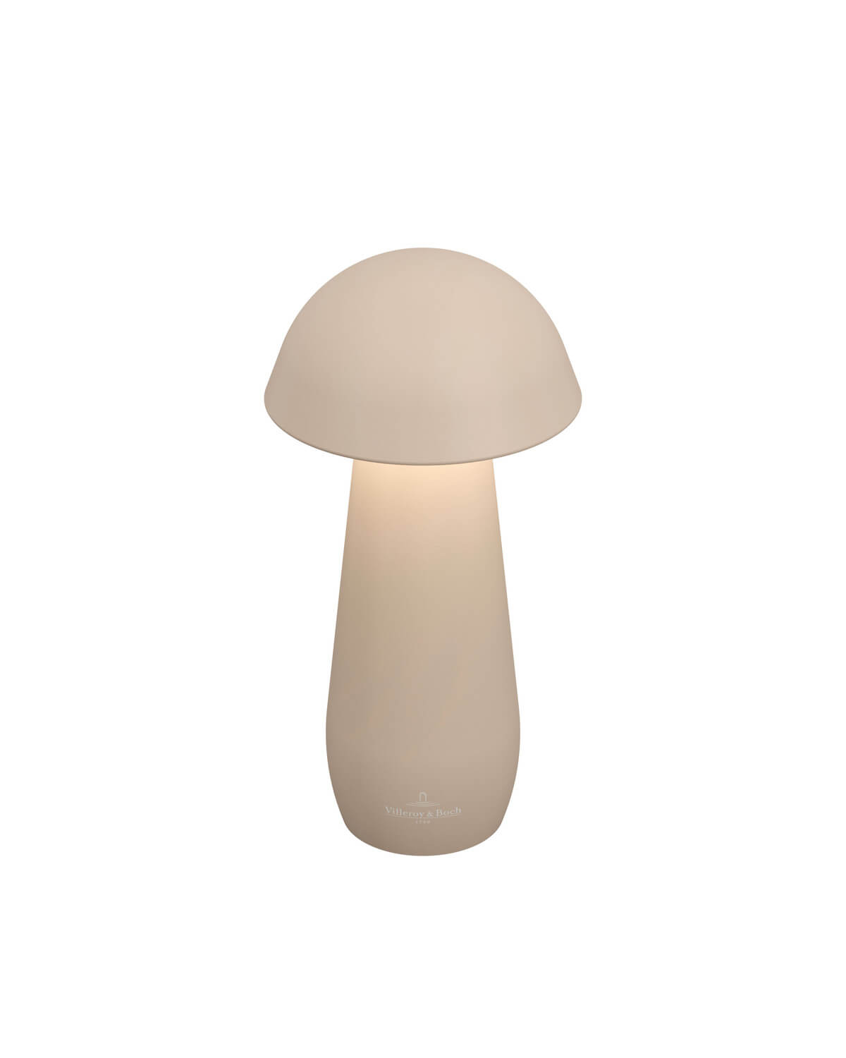 Lampe extérieure beige vue de face, chapeau bombé et pied fuselé, logo discret en bas.
