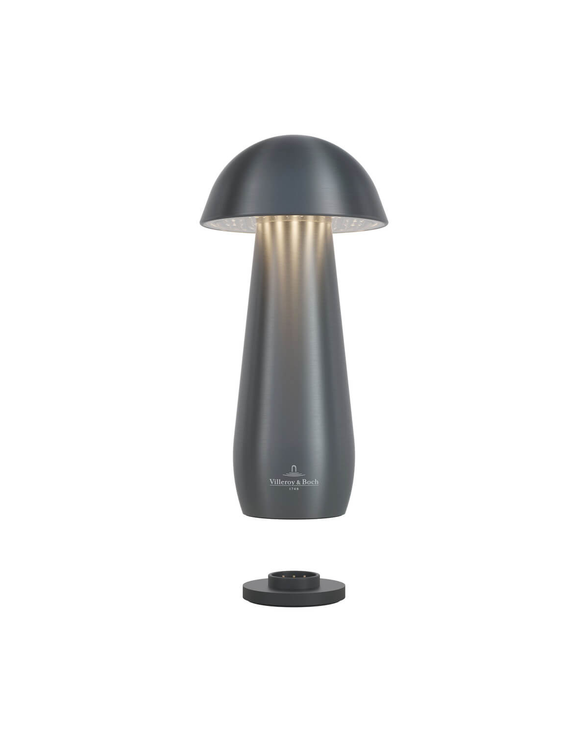 Vue éclatée montrant le socle de recharge séparé et le dessous lumineux de l'abat-jour.