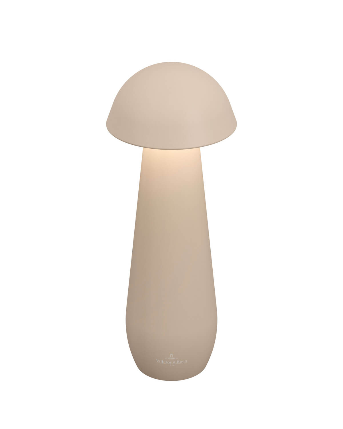 Lampe extérieure beige de face, abat-jour bombé et pied fuselé, éclairage allumé