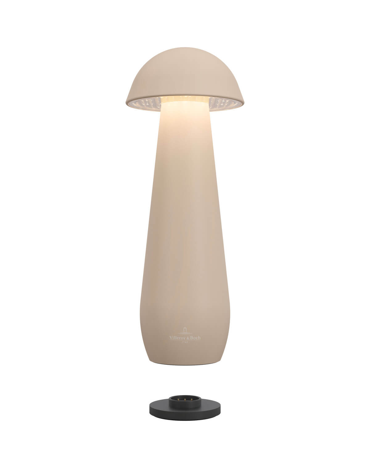 Vue du dessous montrant la grille du diffuseur et le socle de recharge séparé