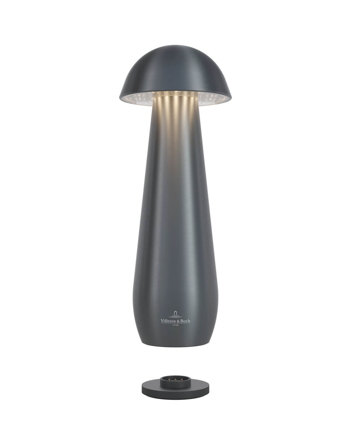 Lampe anthracite et son socle de recharge séparé, vue de face sur fond blanc