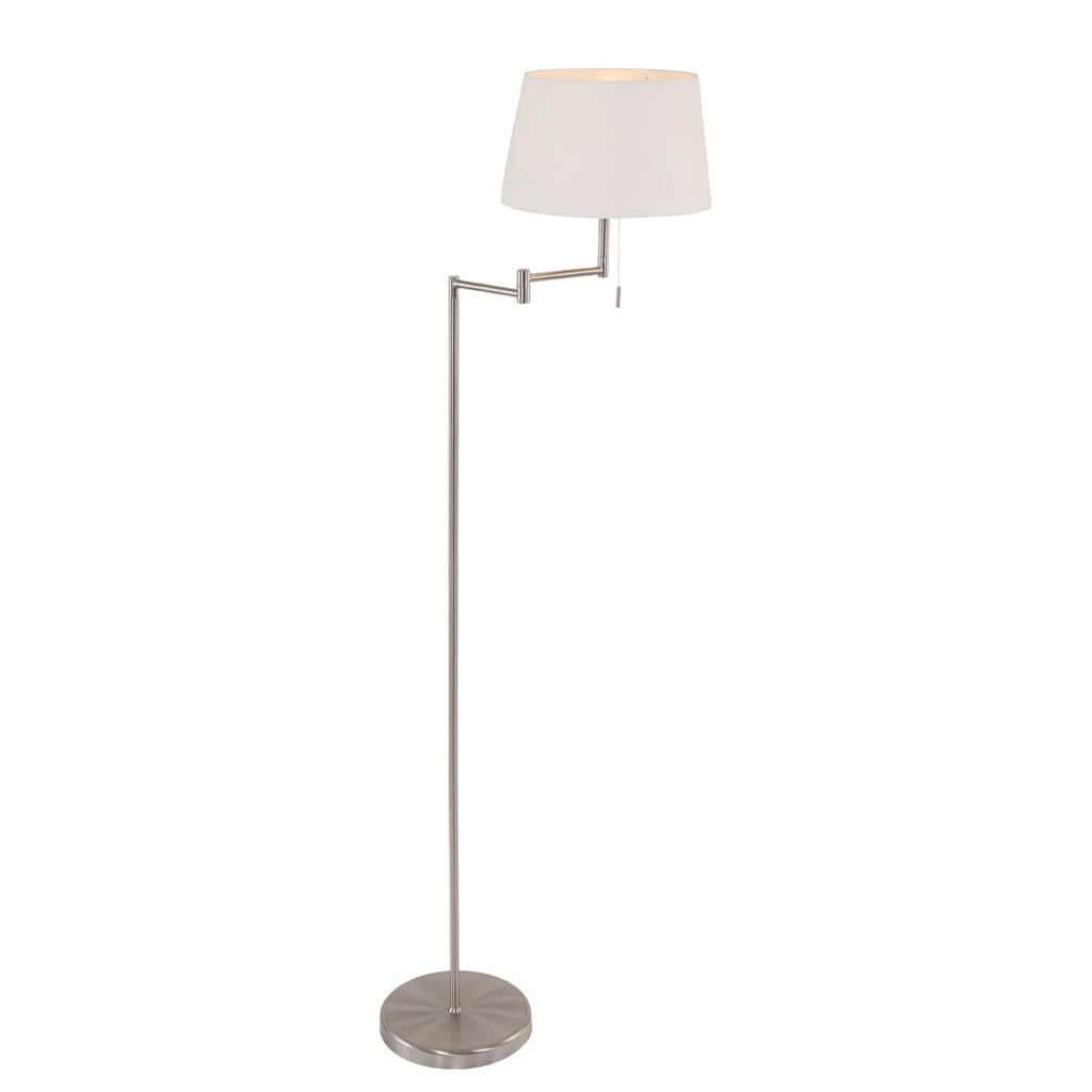 Lampadaire de lecture blanc et nickel, bras articulé, abat-jour conique, vue de face.