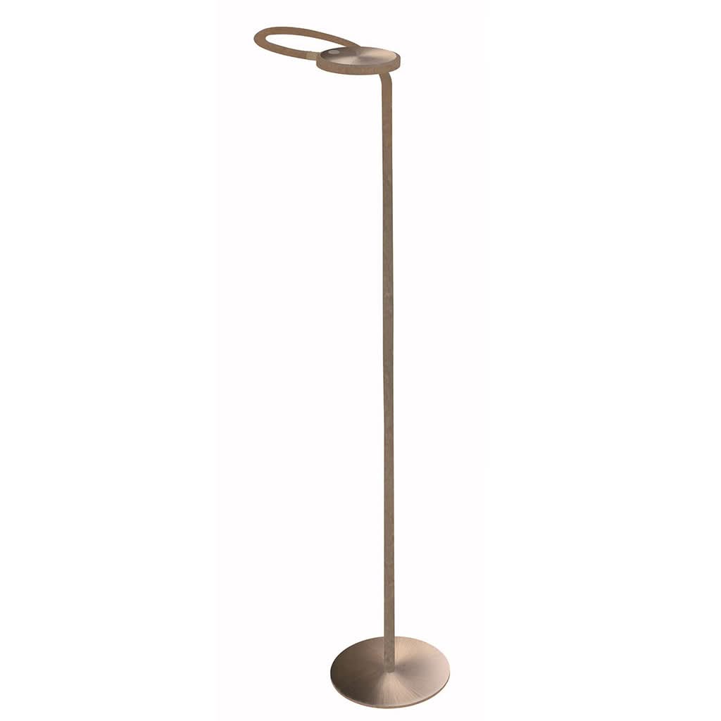 Lampadaire doré de face, fine tige verticale, tête ronde avec anneau décoratif ouvert