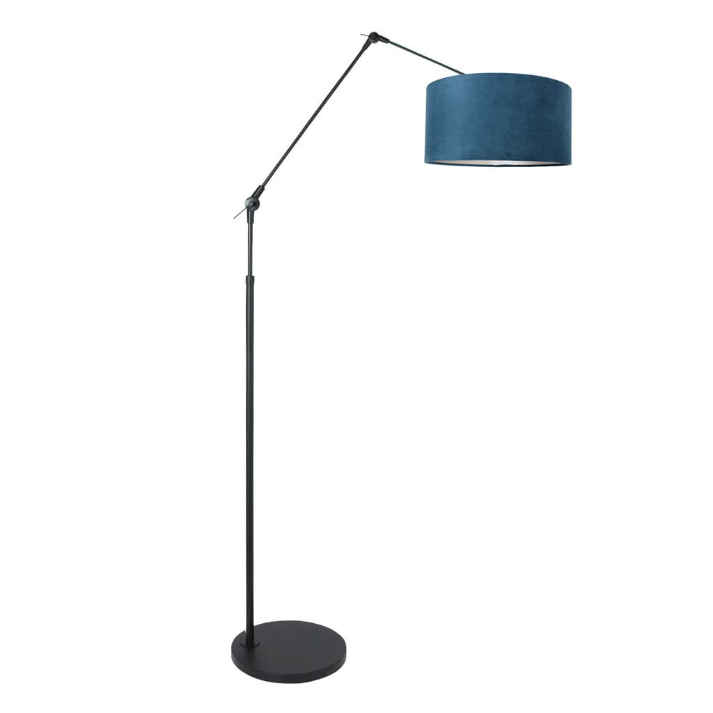 Lampadaire complet de face, abat-jour cylindrique bleu et bras métallique noir incliné
