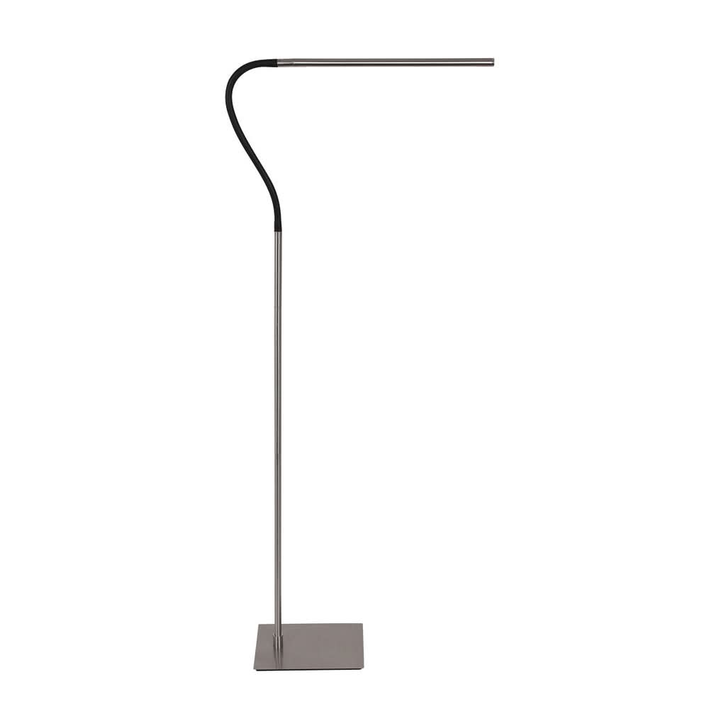 Lampe sur pied en acier brossé, tige fine et tête cylindrique horizontale, vue de face.