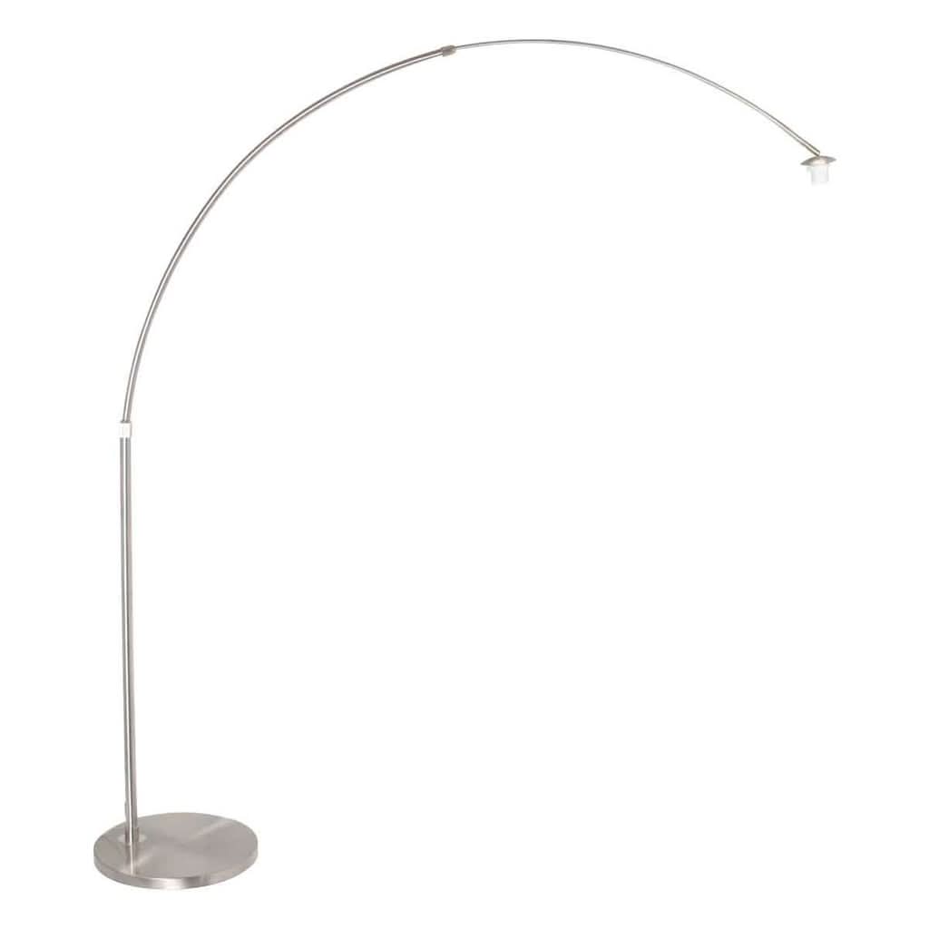 Lampadaire arqué en acier brossé avec base ronde et long bras cintré, vu de profil.