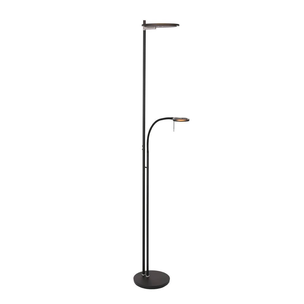 Lampadaire noir moderne de face avec deux têtes plates sur fond blanc.