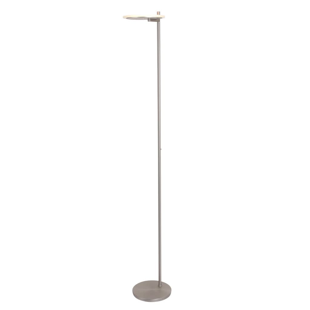 Lampadaire entier vu de face sur fond blanc, tige fine et socle rond