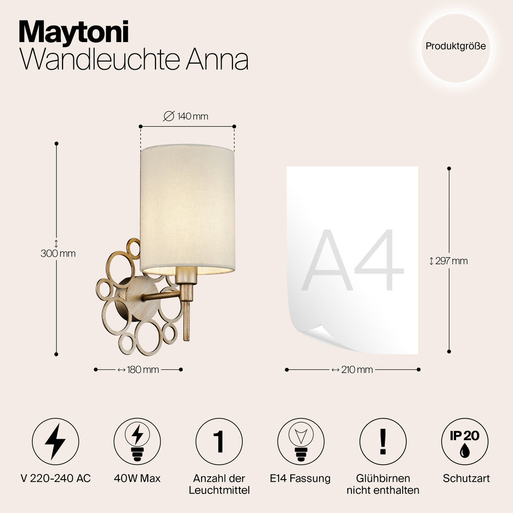 Schéma dimensions produit Maytoni Anna avec hauteur 300 mm et largeur 180 mm.