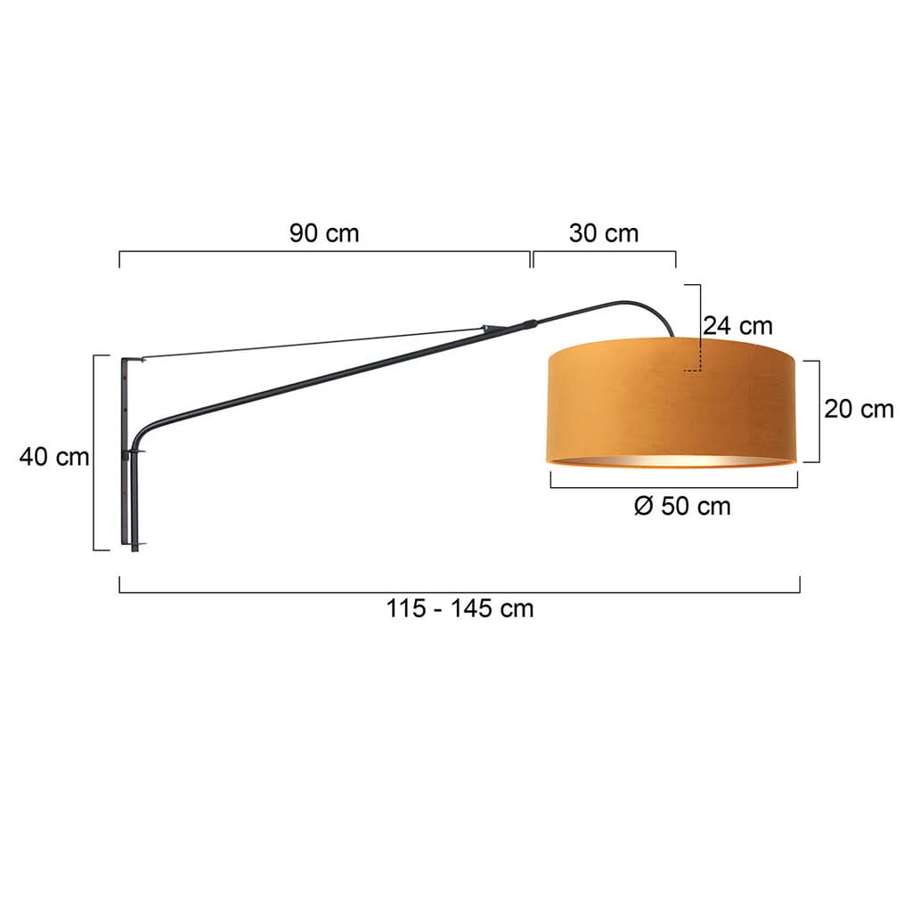 Schéma de dimensions du luminaire mural avec mesures en centimètres, bras réglable et abat-jour.