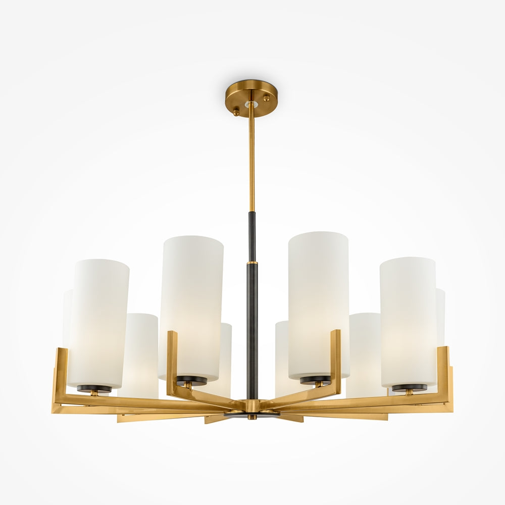 Suspension complète de face sur fond blanc, huit cylindres en verre opalin