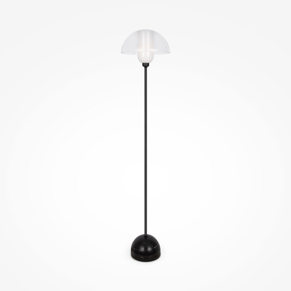 Lampadaire noir éteint de face sur fond blanc, abat-jour en verre transparent