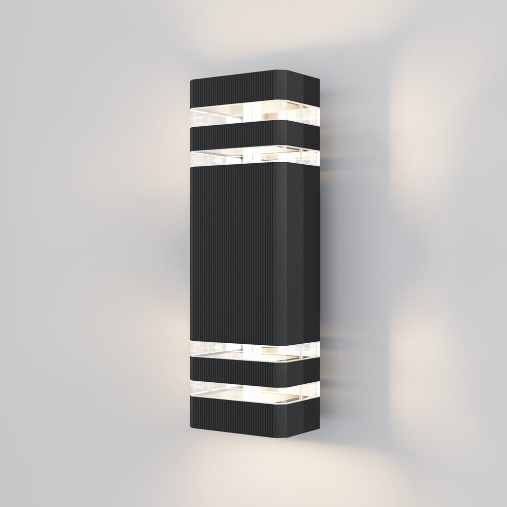 Applique murale noire verticale vue de face, bandes lumineuses horizontales transparentes