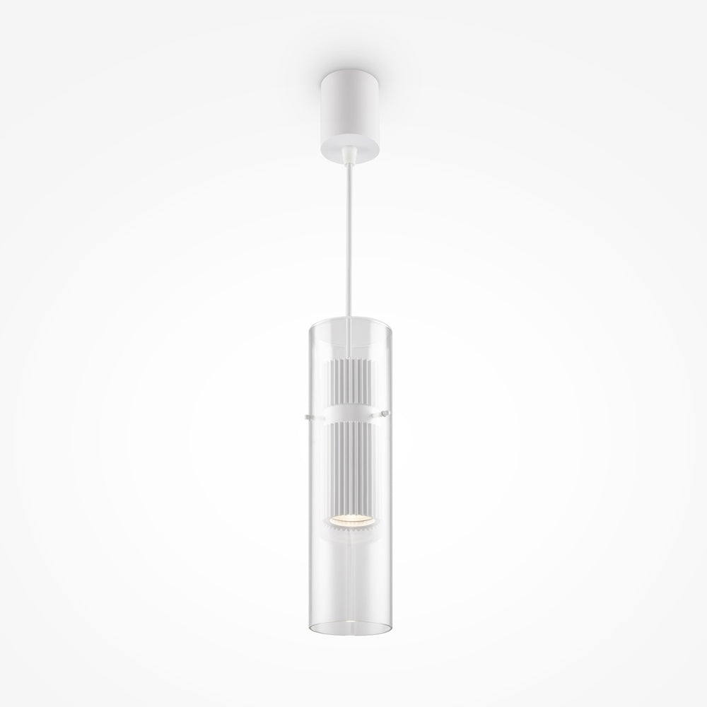 Suspension blanche vue de face, verre cylindrique transparent et cordon fin sur fond neutre