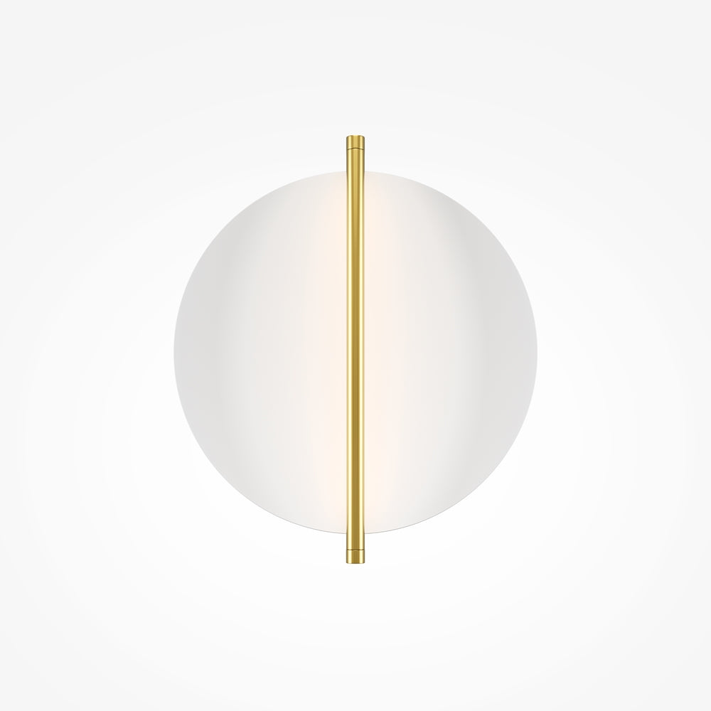 Vue de face : applique murale dorée avec diffuseur rond blanc et tige centrale verticale.